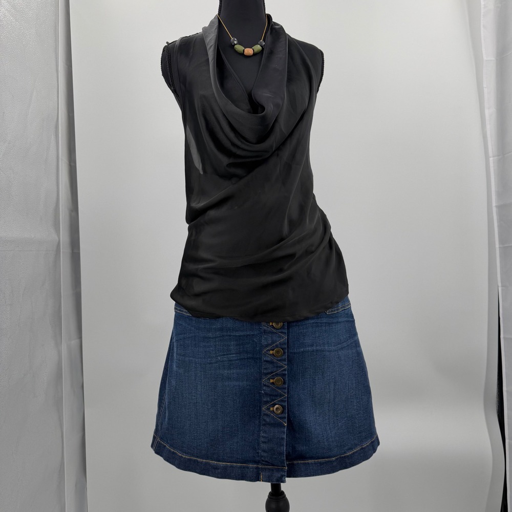 Black Draped Cowl Neck Top M Open Back Sequin Sheer Sleeveless dark romantic